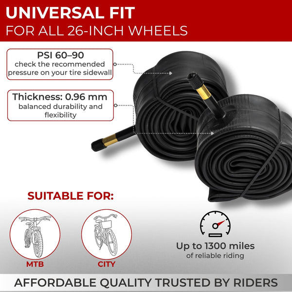 Fincci Bike Tire Tubes 26x 1.25 x 1.35 x 1.4 x 1.5 with Presta-Schrader Valve – Pair Durable 26 Inch Bike Tube - Reliable Air Retention 2X Tubes for Mountain, MTB, Road, XC, Cruiser Bikes
