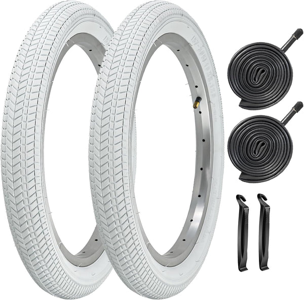 2 Pack 16/18/20 x 2.125 Bike tire White Color with Tubes and Tire Levers 16/18/20 Inch Bike tire Kids Folding Replacement Bicycle Tires Fits Most Kids Bikes and BMX Tires (16X2.125)