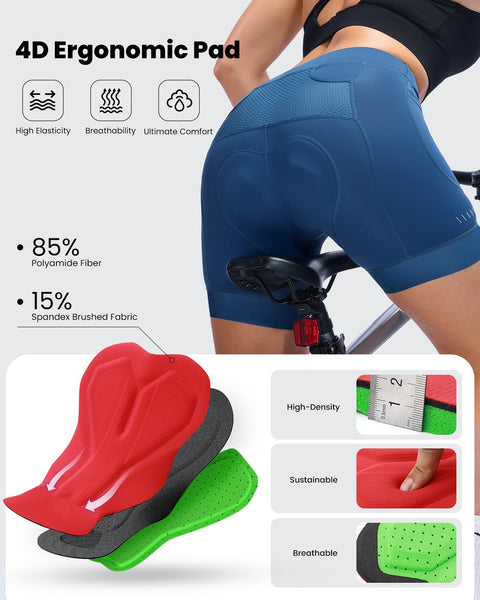 Sportneer Womens 4D Padded Bike Shorts - Women's Cycling Shorts with Breathable Mesh Pockets & Secure Zipper