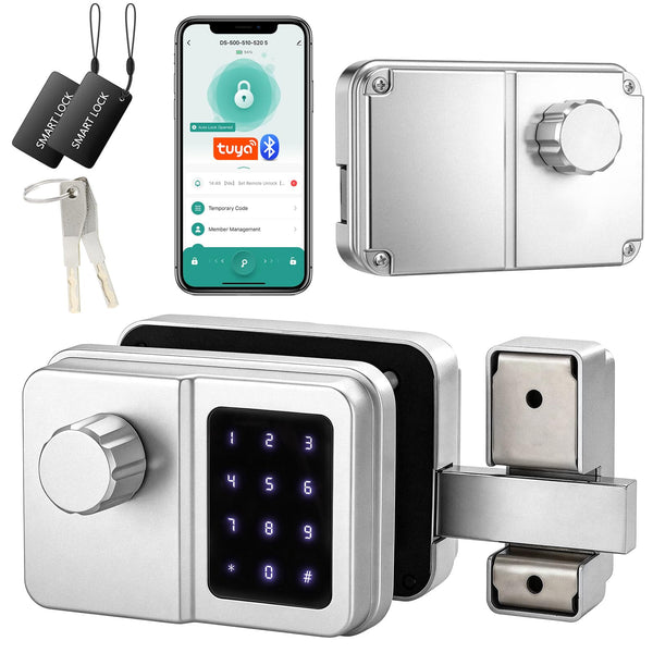 SEPOX Bluetooth Smart Gate Lock, Outdoor Gate Lock for Fence & Garage, Electronic Keyless IC Card, Passcode & Mechanical Key, Waterproof Rim Lock for Outdoor Garden Yard (Grey Single Unit)