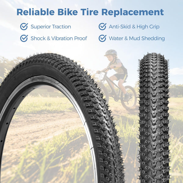 2 Pack 20x2.125 Bicycle Tires and Tubes Set, 57-406 20 Inch Bike Tire Replacement with Repair Kit, Knobby Rubber Tread for Kids BMX, Cruiser, Gravel MTB