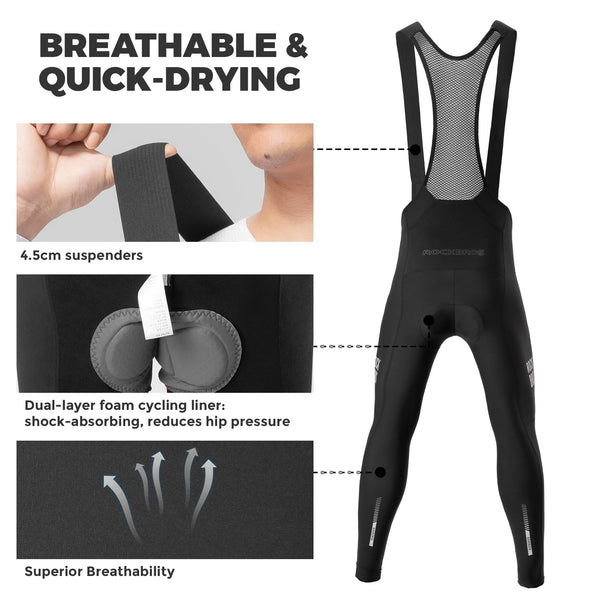 ROCKBROS Men’s Cycling Bib Pants Padded Winter Thermal Bike Bibs Pants Fleece-Lined Bike Leggings