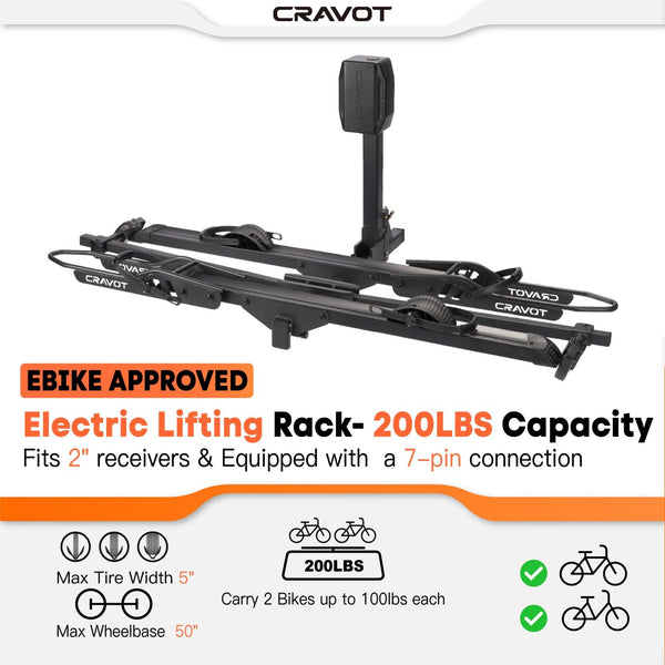 CRAVOT Ebike Racks for 2 Bikes Tow Hitch, Tire Clamp Rack Bike Carrier, Heavy-Duty Haul Ebike Rack with 2 Tray Arms Lock, 200lbs Capacity Fits Fat Tire Bicycle, for Car, SUV with 2" Receiver
