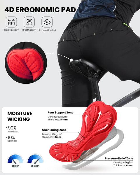 Sportneer Bike Shorts for Men - 3D Padded Lightweight MTB Fit Riding Biking Bicycle Biker Shorts with Zipper Pockets