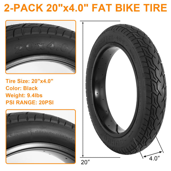 2-Pack 20x4.0 Fat Bike Tires & Tubes, 20 Inch Bike Tire Tube, Folding Replacement Bicycle Tires with 2 Tire Levers for Mountain Bike and Ebike