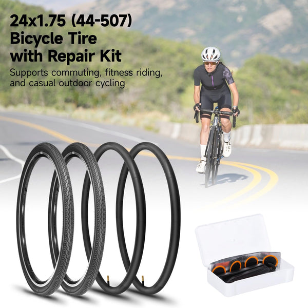 2 PCS 24x1.75 Bicycle Tire and Tube Set, 24 Inch Road Commuter Replacement, 44-507 ETRTO Rubber Tires with A/V Inner Tubes, Repair Kit, Smooth Tread
