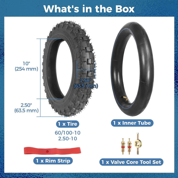 yeesport 2.50-10 Dirt Bike Tire and Tube Kit, 60/100-10 Off Road Tire and 2.50-10 Dirt Bike Tube with Rim Strip and Valve Core Tools, 10 Inch Pit Bike Tire for Mini Dirt Bikes, Front Rear Wheel