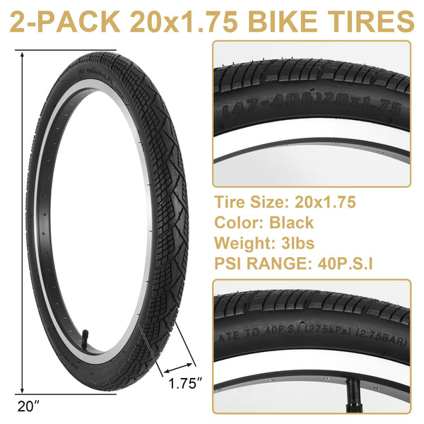 2-Pack 20x1.75 Bike Tire Tube, 20 Inch Mountain Bike Tires & Tubes, Folding Replacement Bicycle Tires with 2 Tire Levers for Hybrid, City Commuter, Urban