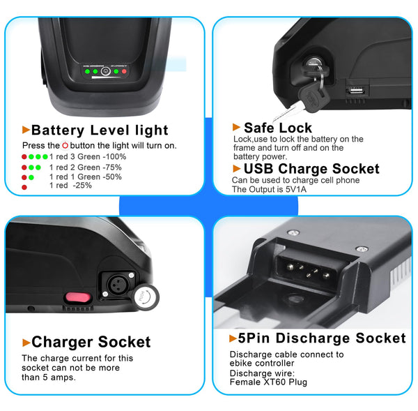 48V 13Ah Ebike Battery, Lithium Battery with 30A BMS for Electric Bicycles,Motorcycles (100-1000W) Motors, Includes Safe Lock,USB Output,Led Indicator Light, XT60 Connector&Base (48V 13AH)