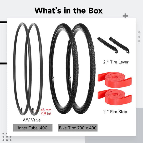 yeesport 700 x 40c/45c Bike Tires, 2 Pack Foldable 42-622 700x40c/700x45c Tires and 700x38/40/42/45c Inner Tubes 48mm A/V Valve, 700c Gravel Bike Tires