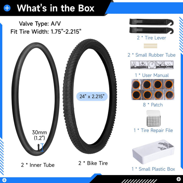 2 PCS 24x1.75 Bicycle Tire and Tube Set, 24 Inch Road Commuter Replacement, 44-507 ETRTO Rubber Tires with A/V Inner Tubes, Repair Kit, Smooth Tread