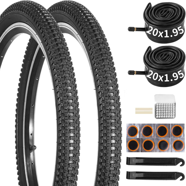 20x1.95 Bike Tire and Tube Set, 2 Pack 20 Inch Mountain Bike Tires with 20x1.75-2.215" Inner Tubes and Repair Tools, Durable Bicycle Tire Kit for Trail, City, and Off-Road Riding