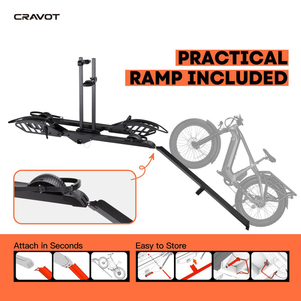 CRAVOT CyberRack E2 Hitch 2 EBike Rack with Ramp, 200 lbs Capacity Electric Bike Carrier Foldable Platform Mount, Up to 5-inch Fat Tire Bicycle for 2'' Receiver Cars Trucks SUVs Minivans RV, Trailer