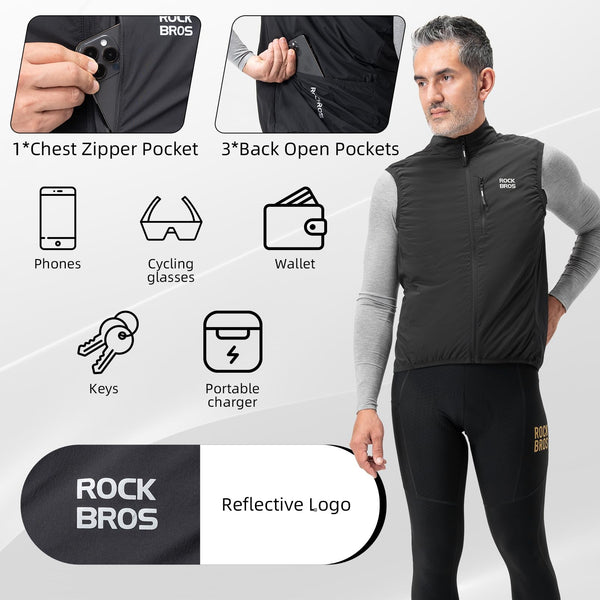 ROCKBROS Cycling Vest for Men Winter Windproof Sleeveless Warm Cycling Jacket with Multiple Pockets Cycling Hiking Running