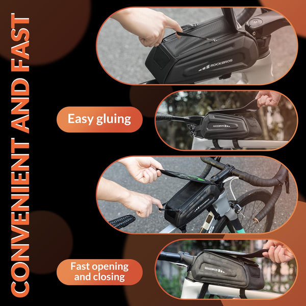 ROCKBROS Bike Phone Bag, [Oversized] EVA Waterproof Bike Top Tube Front Frame Bag Phone Holder Bicycle 1.7L Capacity Pouch Fits Phones With Case Under 7.2” E-Bike Accessories Straps Fit All Frames - TRIPPER ELECTRIC BIKES