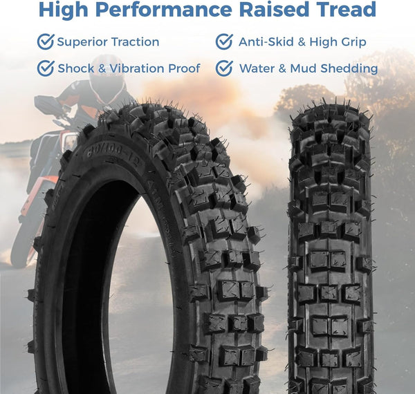 80/100-12 Dirt Bike Tires Set, 3.0-12 Tire and 80/100-12 Dirt Bike Tube with Bent Valve, Tire Replacement 12 Inch Rear for Pit Bike Motocross E-Scooter Off Road Motorcycle