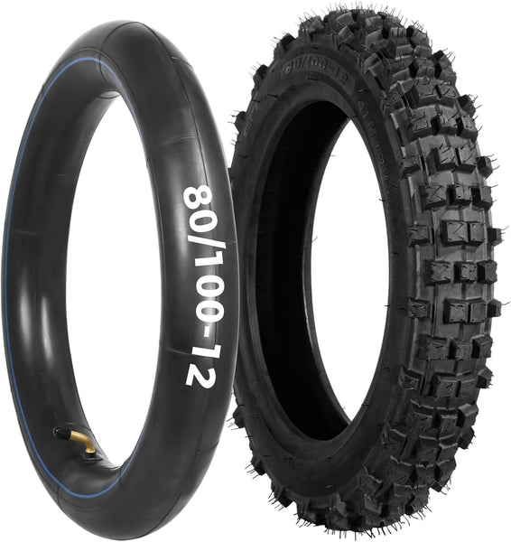 80/100-12 Dirt Bike Tires Set, 3.0-12 Tire and 80/100-12 Dirt Bike Tube with Bent Valve, Tire Replacement 12 Inch Rear for Pit Bike Motocross E-Scooter Off Road Motorcycle