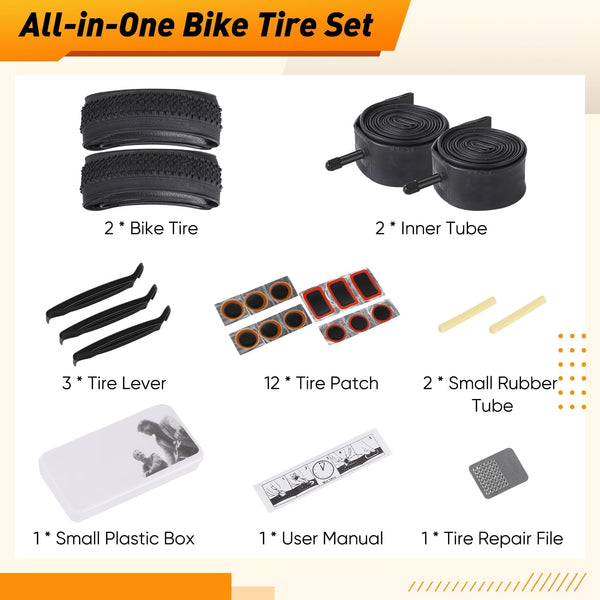 24/26x1.95” Bike Tire, 2 Pack 24/26x1.95 Folding Bicycle Tire and Tube, 24/26 Inch Mountain Bike Tires,Replaceable 26/24 Inch Bike Tires with Repair Tools for MTB,BMX