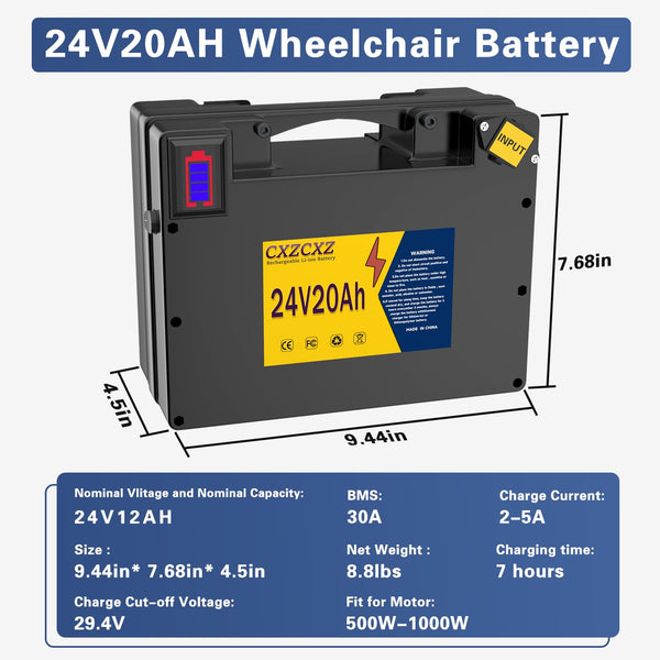 24V Lithium Battery for Electric Wheelchair, Better Than Lead-Acid Batteries,30A BMS for 100W 250W 300W 500W Wheelchairs,Battery with Level disply Screen (with Charger) (24V12AH)