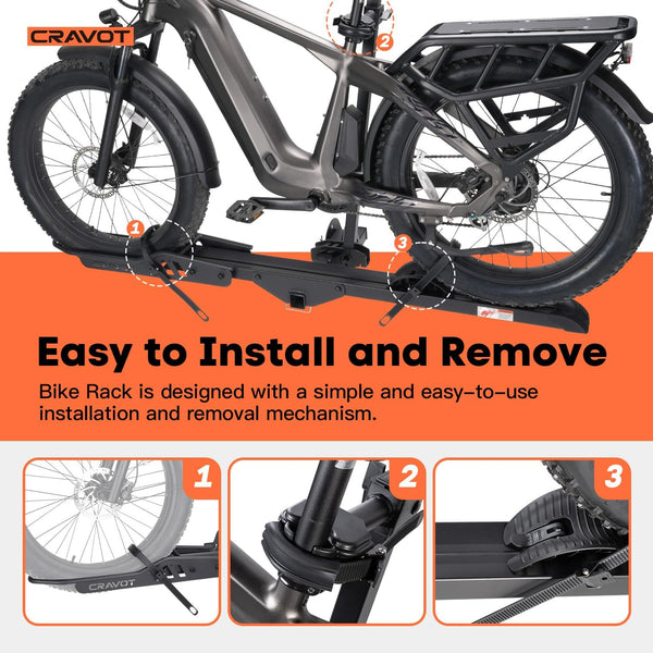 CRAVOT CyberRack E2 Hitch 2 EBike Rack with Ramp, 200 lbs Capacity Electric Bike Carrier Foldable Platform Mount, Up to 5-inch Fat Tire Bicycle for 2'' Receiver Cars Trucks SUVs Minivans RV, Trailer