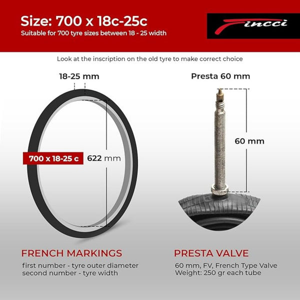 Fincci Pack Inner Tubes 700c x 18c - 25c - 32c with 60mm Presta Valve - 700c Bike Tube for Gravel, Race, Road Touring, Hybrid Bicycle, Bicicleta de Carrera - 28 inch Bike Tubes Butyl Rubber Wheels 622
