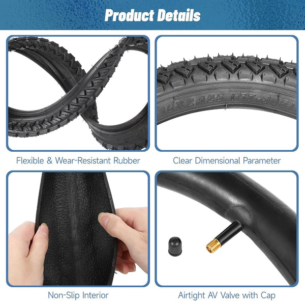 2 PCS 16x2.125 Bike Tire and Tube Set, 16 Inch Bike Tire with Knobby Tread, 57-305 Bicycle Tires, A/V Valve Tubes, Repair Kit for BMX, Mountain Bike, Sidewalk, Park Riding