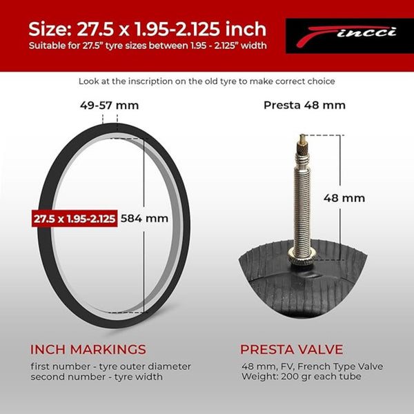 Fincci Pair 27.5 x 1.95-2.125 Inch Bike Inner Tubes 48mm Schrader or Presta Valve Inner Tube for Mountain MTB Road Hybrid Bicycle - Pack of 2