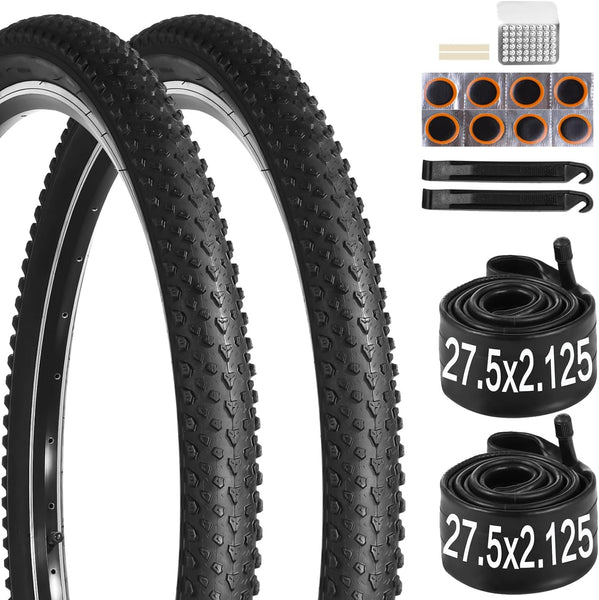 2 Pack 27.5 Mountain Bike Tires Tubes, 27.5 x 2.125/54-584 Tires and 27.5x2/2.1/2.125 Tubes with 30mm AV Valve, 650B Tires MTB Replacement Set for Commuting, Gravel, Pavement and Trail Riding