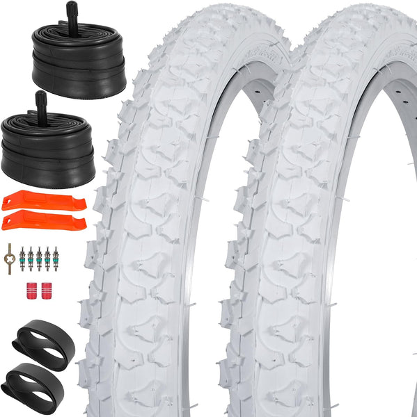 2Sets 18x1.95 Bike Tires and Tubes, Puncture Resistant Off-Road Folding Bicycle Tire Sets 50-355 Compatible with E-Bike Mountain Bike MTB Bicycle All-Terrain Directional Tread, White Color