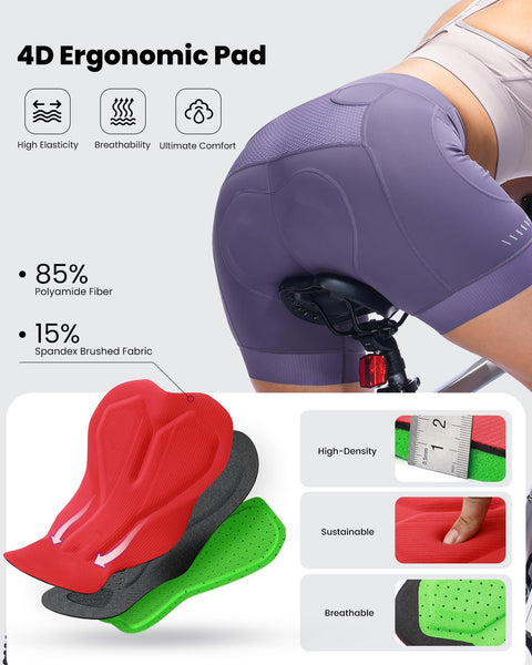 Sportneer Womens 4D Padded Bike Shorts - Women's Cycling Shorts with Breathable Mesh Pockets & Secure Zipper