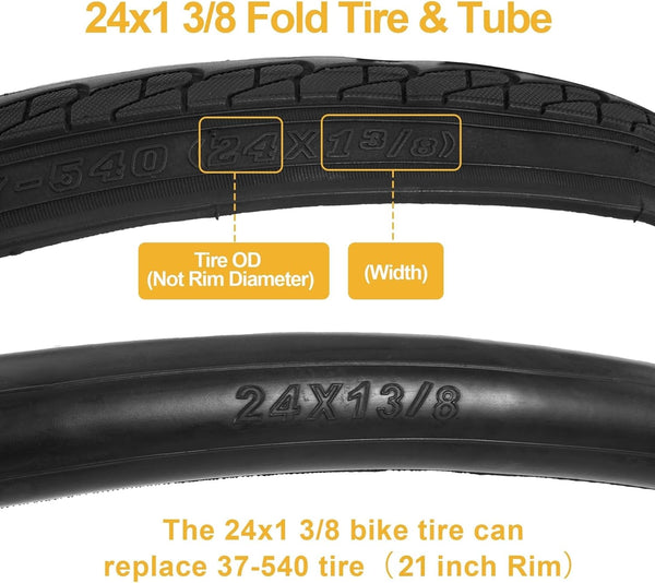 2Sets 24x1 3/8 Wheelchair Tires and Tubes, Fit 21" Rim Puncture Resistant Folding Street Bike Tire Sets 37-540 for Road Bike Street Bicycle E-Bike Directional Tread Low Resistance