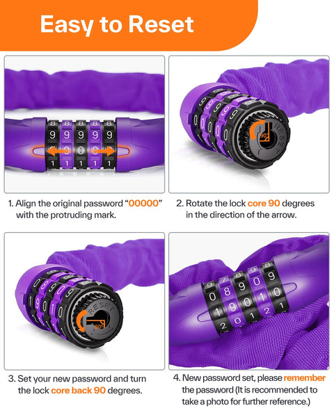 Sportneer Bike Lock: 5 Digit Combination High Security Anti Theft Bike Chain Lock - 3.2/3.6/4ft Heavy Duty Keyless Bicycle Lock for Bike, Motorcycle, Scooter, Door & Gate - 4/6mm Thick, Easy to Use