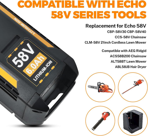 Replacement Battery 58V 6.0Ah for Echo, Compatible with CBP-58V40, CBP-58V20, CBP-58V2AH, CHT-58V, CDST-58V, CPLB-58VBT, CST-58V Cordless Tools, Chainsaw, Blower & More