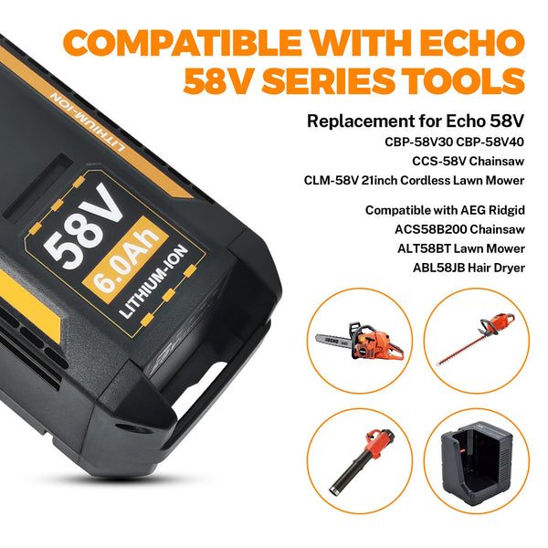 58V 6.0Ah Replacement Battery for Echo, Compatible with CBP-58V40, CBP-58V20, CBP-58V2AH, CHT-58V, CDST-58V, CPLB-58VBT, CST-58V Cordless Tools, Chainsaw, Blower & More (58v6.0Ah)