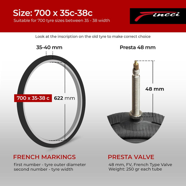 Fincci Pack Inner Tubes 700c x 35c x 38c with 48mm Schrader-Presta Valve - 700c Bike Tube for Gravel, Urban, Road,Touring, Hybrid, Bicycles, E Bikes - 28 inch Bike Tubes Butyl Rubber for Wheels 622