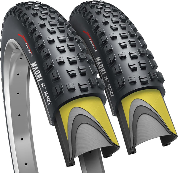 Fincci Maori 29x2.25 Mountain Bike Tire - Pair 29 Inch Bike Tire with 1 mm Nylon Puncture Resistant 60 TPI - Foldable Kevlar Black 57-622 MTB Tires 29 for Electric, Trekking, Hybrid, Cruiser Bikes