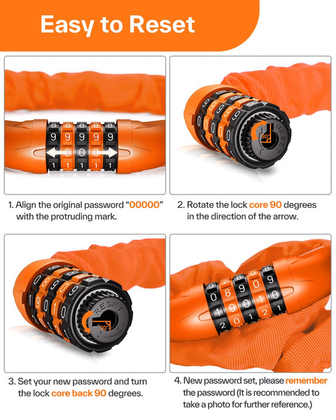 Sportneer Bike Lock: 5 Digit Combination High Security Anti Theft Bike Chain Lock - 3.2/3.6/4ft Heavy Duty Keyless Bicycle Lock for Bike, Motorcycle, Scooter, Door & Gate - 4/6mm Thick, Easy to Use