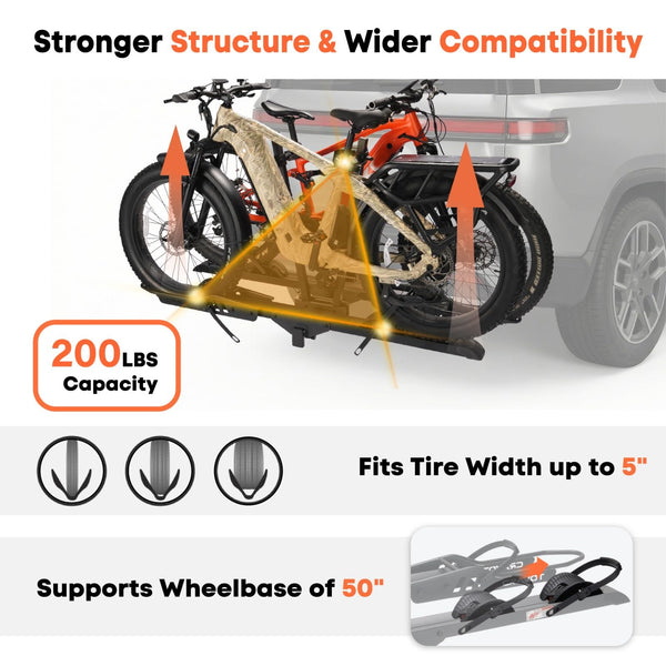 CRAVOT Ebike Racks for 2 Bikes Tow Hitch, Tire Clamp Rack Bike Carrier, Heavy-Duty Haul Ebike Rack with 2 Tray Arms Lock, 200lbs Capacity Fits Fat Tire Bicycle, for Car, SUV with 2" Receiver