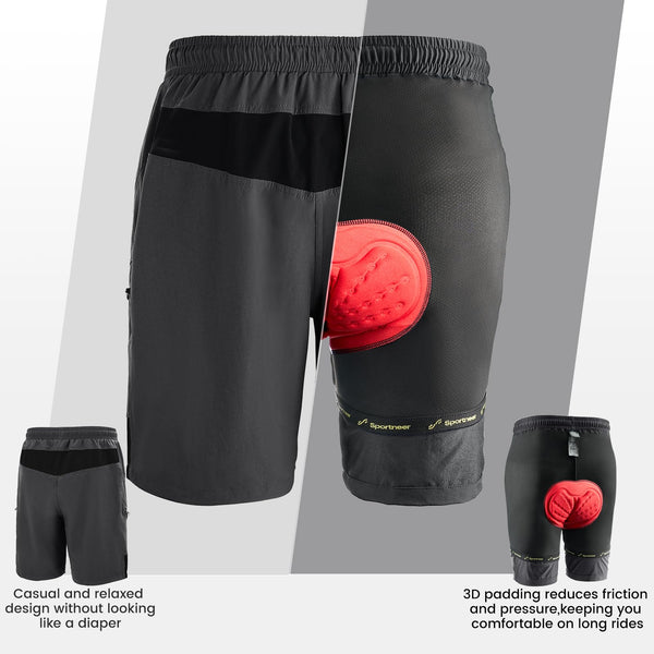 Sportneer Bike Shorts for Men: 3D Padded Lightweight Riding Biking Cycling Mountain Bike Shorts for Men with Zipper Pockets