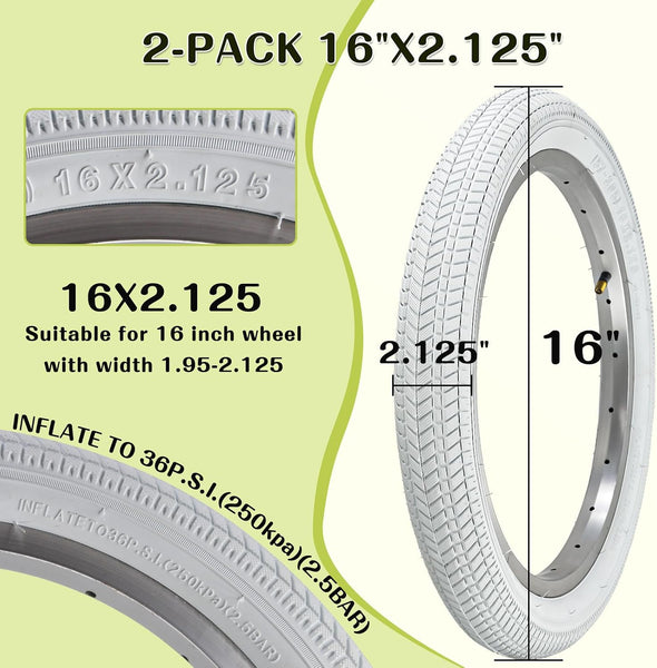 2 Pack 16/18/20 x 2.125 Bike tire White Color with Tubes and Tire Levers 16/18/20 Inch Bike tire Kids Folding Replacement Bicycle Tires Fits Most Kids Bikes and BMX Tires (16X2.125)
