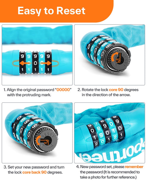 Sportneer Bike Lock: 5 Digit Combination High Security Anti Theft Bike Chain Lock - 3.2/3.6/4ft Heavy Duty Keyless Bicycle Lock for Bike, Motorcycle, Scooter, Door & Gate - 4/6mm Thick, Easy to Use