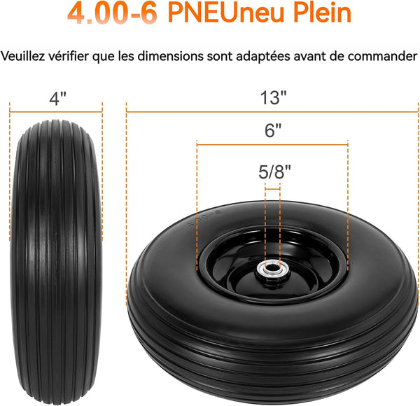13 Inch Wheelbarrow Tires, 4.00-6 Flat Free Wheelbarrow Tire Replacement 5/8" Bearings for Wheelbarrow, Garden Cart, Hand Truck, Trolley, Gorilla Cart