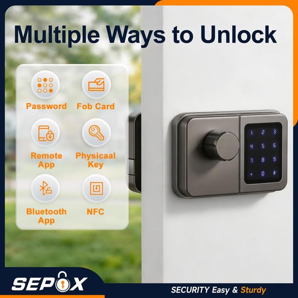 SEPOX Bluetooth Smart Gate Lock, Outdoor Gate Lock for Fence & Garage, Electronic Keyless IC Card, Passcode & Mechanical Key, Waterproof Rim Lock for Outdoor Garden Yard (Grey Single Unit)