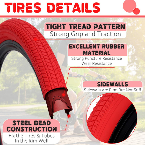 2 Pack Color Bike Tire, 20 x 2.125 Inch Folding Bicycle Replacement Tire Red Color Tire for Children Bikes