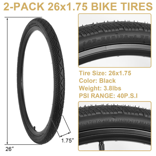 2-Pack 20x1.75 Bike Tire Tube, 20 Inch Mountain Bike Tires & Tubes, Folding Replacement Bicycle Tires with 2 Tire Levers for Hybrid, City Commuter, Urban