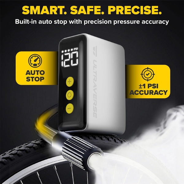Ultraverse Mini Electric Bike Pump – 120 PSI High-Pressure Power, Ultra-Compact Smart Inflator with Presta & Schrader, Fast Rechargeable Pump for Road, MTB & E-Bike