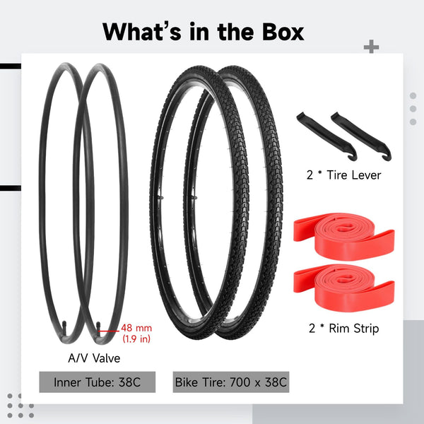 yeesport 2 Pack 700x38c Bike Tire Set with Tubes and Rim Strips, 700c Gravel Tires 40-622 Foldable Road Bicycle Tires, 48mm A/V Valve, Replacement 700c Bike Tire