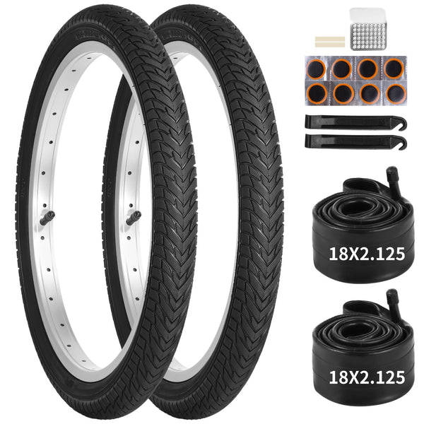 18" Kids Bike Tires Set, 2 Pcs 18×2.125" Replacement Tires with 2 Pcs Inner Tubers & Repair Kit, Shock Absorption Bicycle Tires with AV 1.18" Valves, Fit Most Kids Bikes