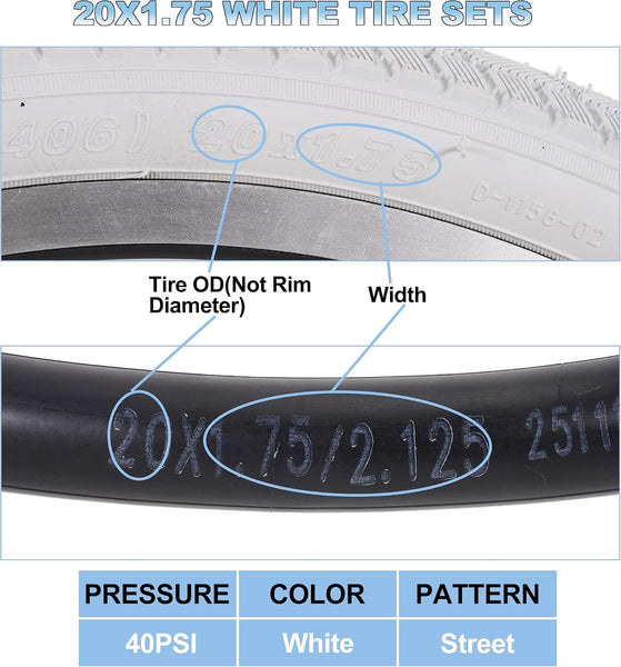 2Sets 20x1.75 White Bike Tires and Tubes, 20 Inch Bike Tire Puncture Resistant Folding Street Bike Tire Sets 47-406 Compatible with Road Street Bicycle E-Bike Wheelchair Low Resistance