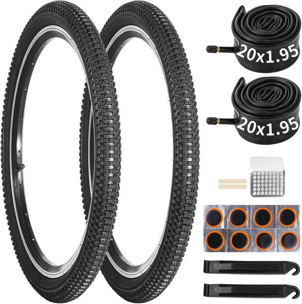 20x1.95 Bike Tire and Tube Set, 2 Pack 20 Inch Mountain Bike Tires with 20x1.75-2.215" Inner Tubes and Repair Tools, Durable Bicycle Tire Kit for Trail, City, and Off-Road Riding